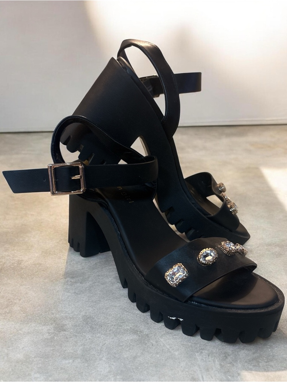 Madden Girl Black Gem-Embellished Lug Platform Sandals